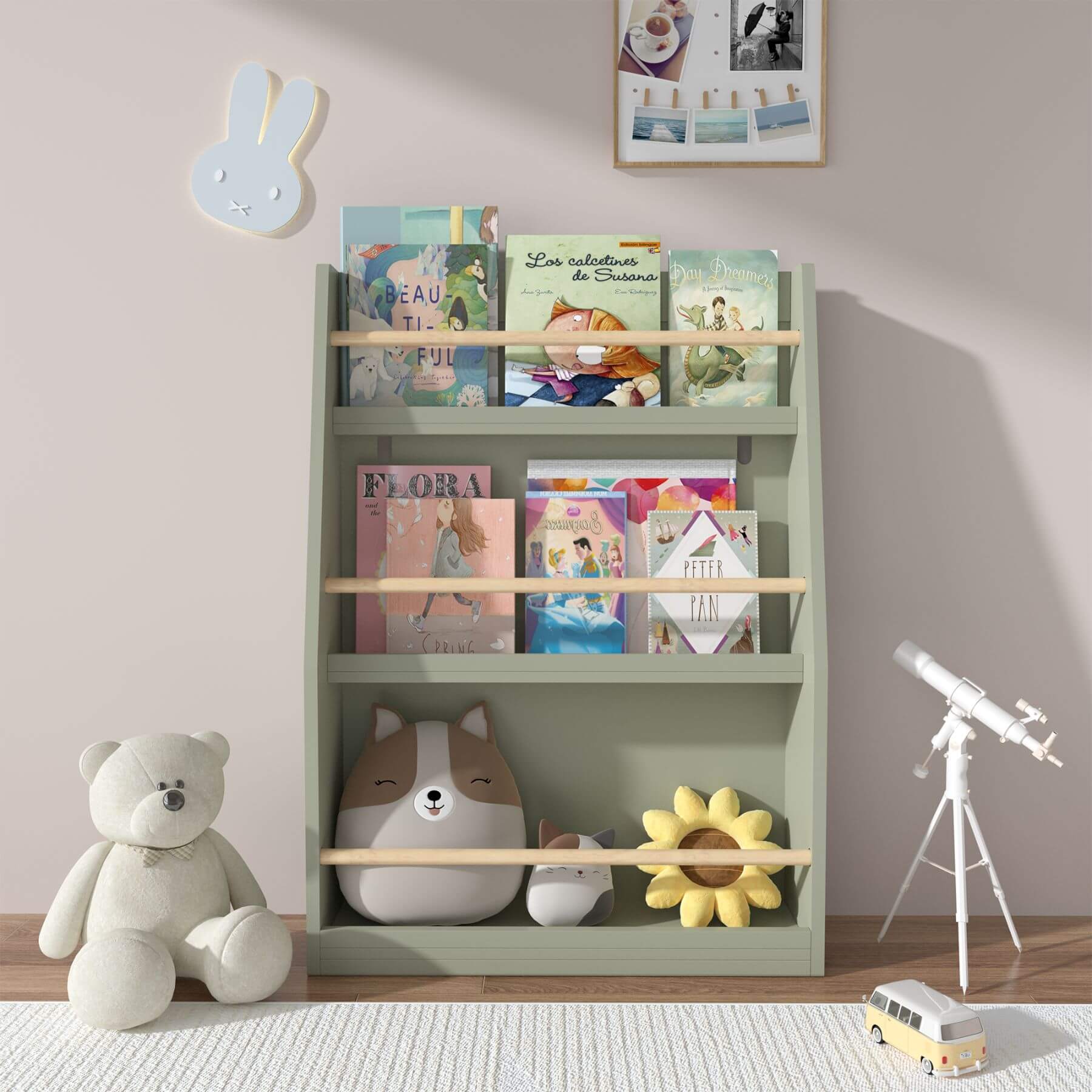 MOONRIVER 3 Tier Kids Book Shelf - Sage with books, toys, and decorative items against a light gray wall.