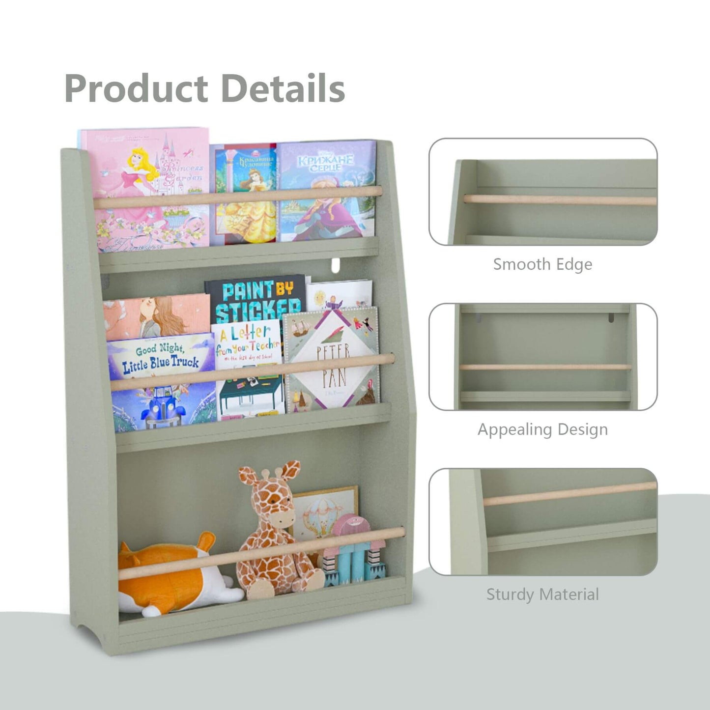 MOONRIVER 3 Tier Kids Book Shelf - Sage with books and toys, featuring smooth edges, appealing design, and sturdy material on a white background.