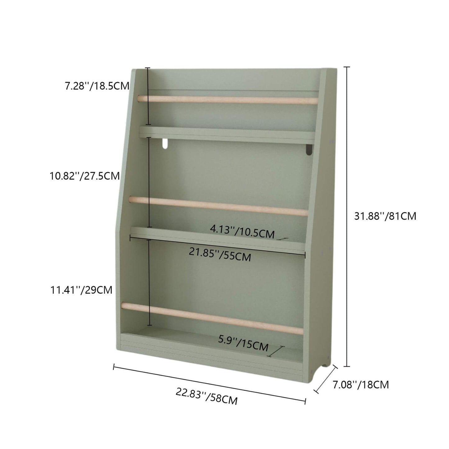 MOONRIVER 3 Tier Kids Book Shelf - Sage with dimensions labeled on a white background