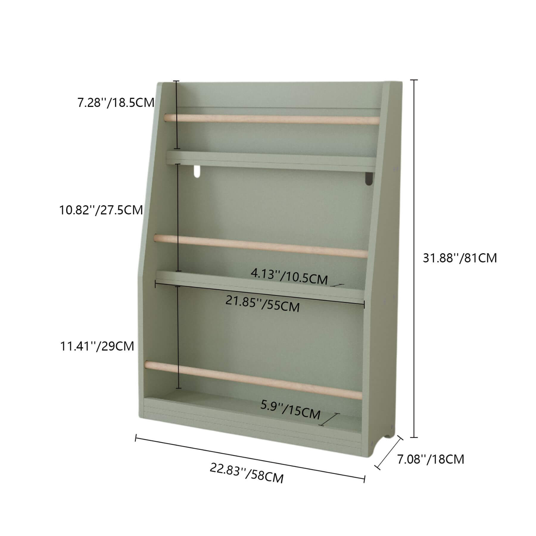 MOONRIVER 3 Tier Kids Book Shelf - Sage with dimensions labeled on a white background