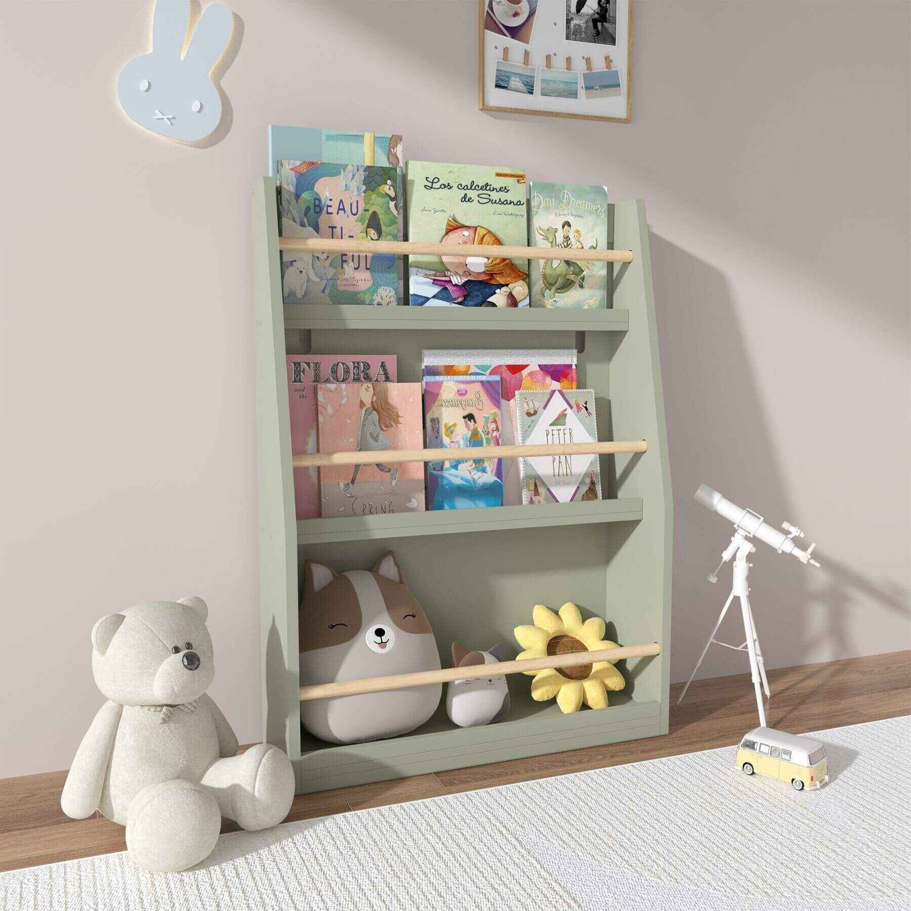 MOONRIVER 3 Tier Kids Book Shelf - Sage with books and toys in a room setting