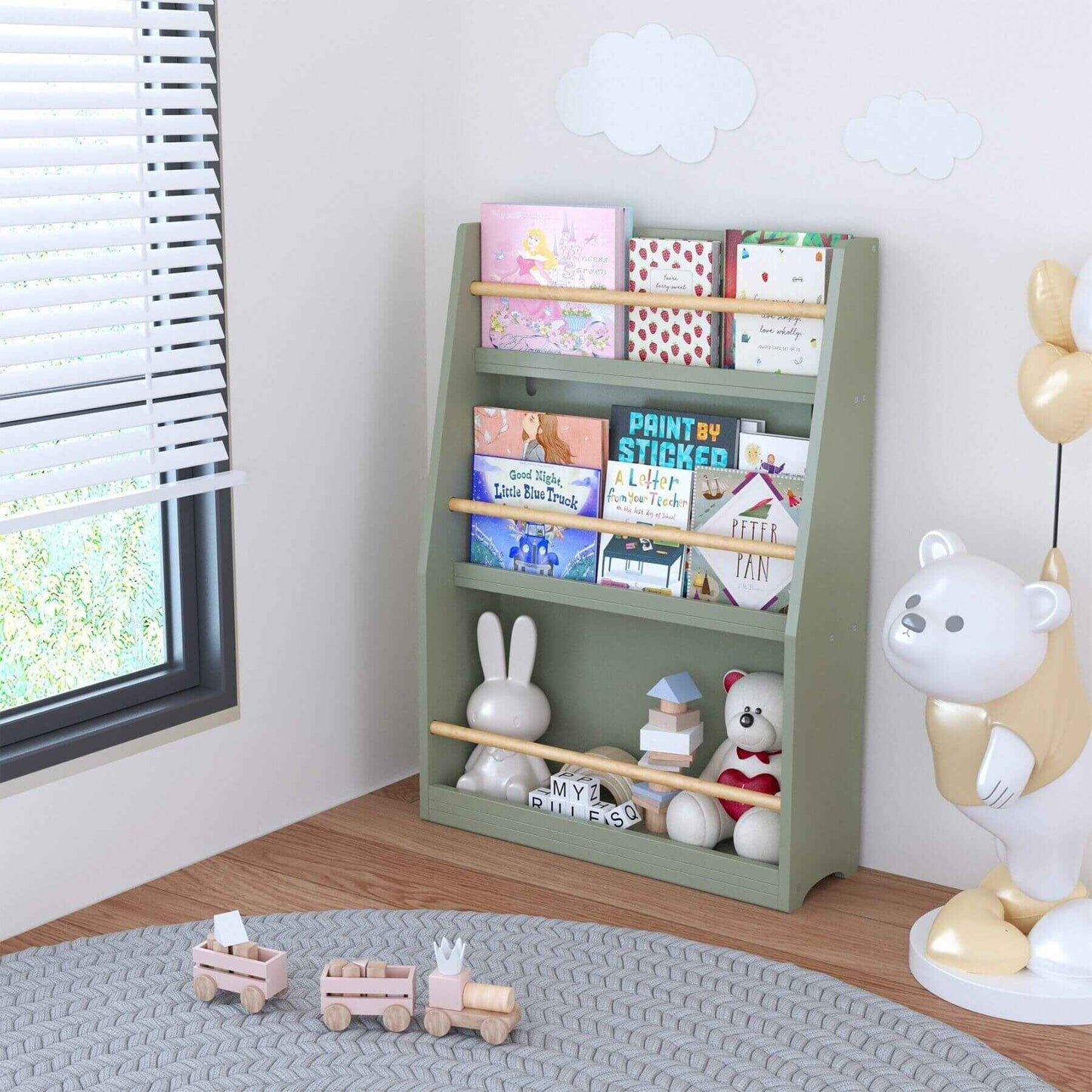 MOONRIVER 3 Tier Kids Book Shelf - Sage with books and toys in a room with a window and decorative items.