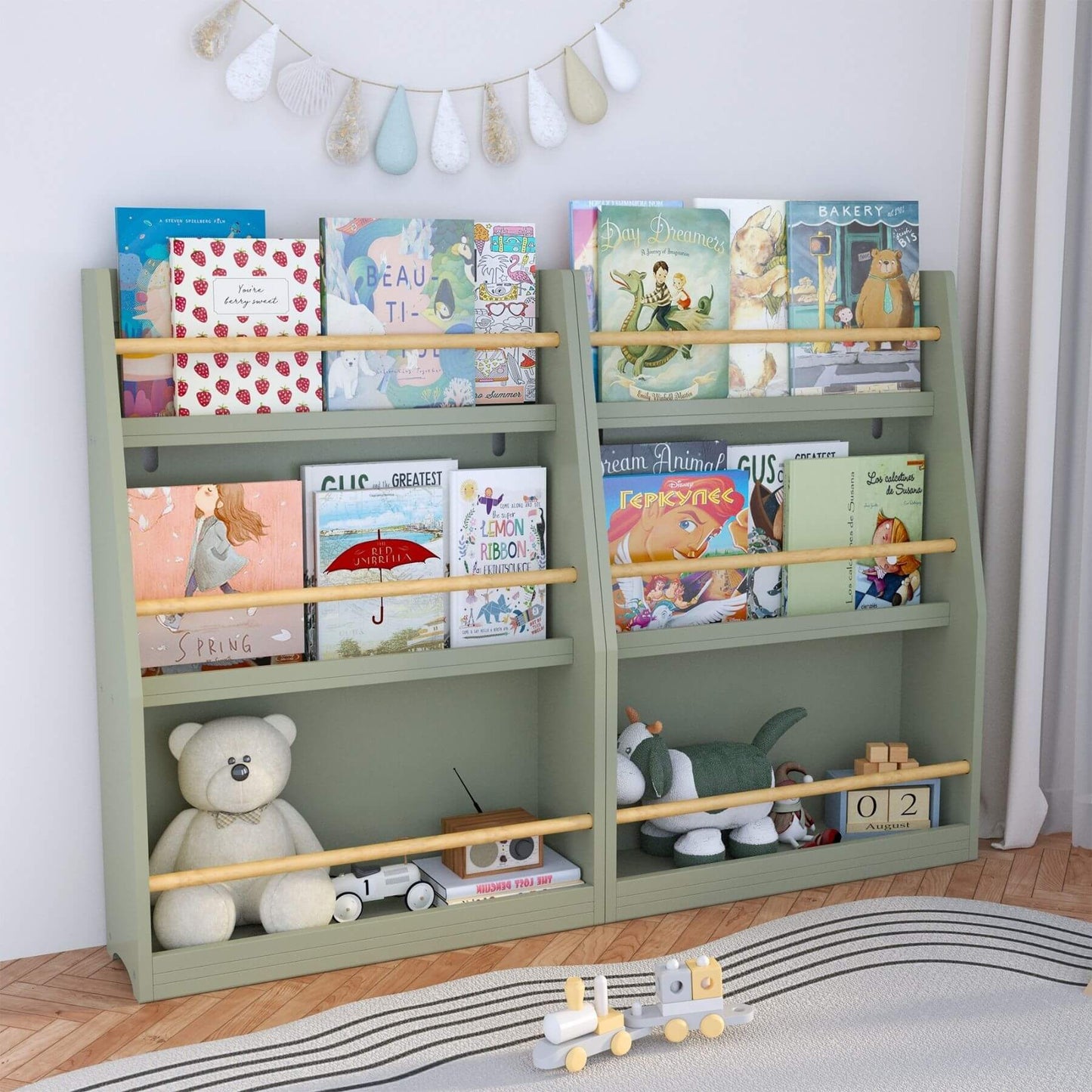 MOONRIVER 3 Tier Kids Book Shelf - Sage with books and toys in a room setting