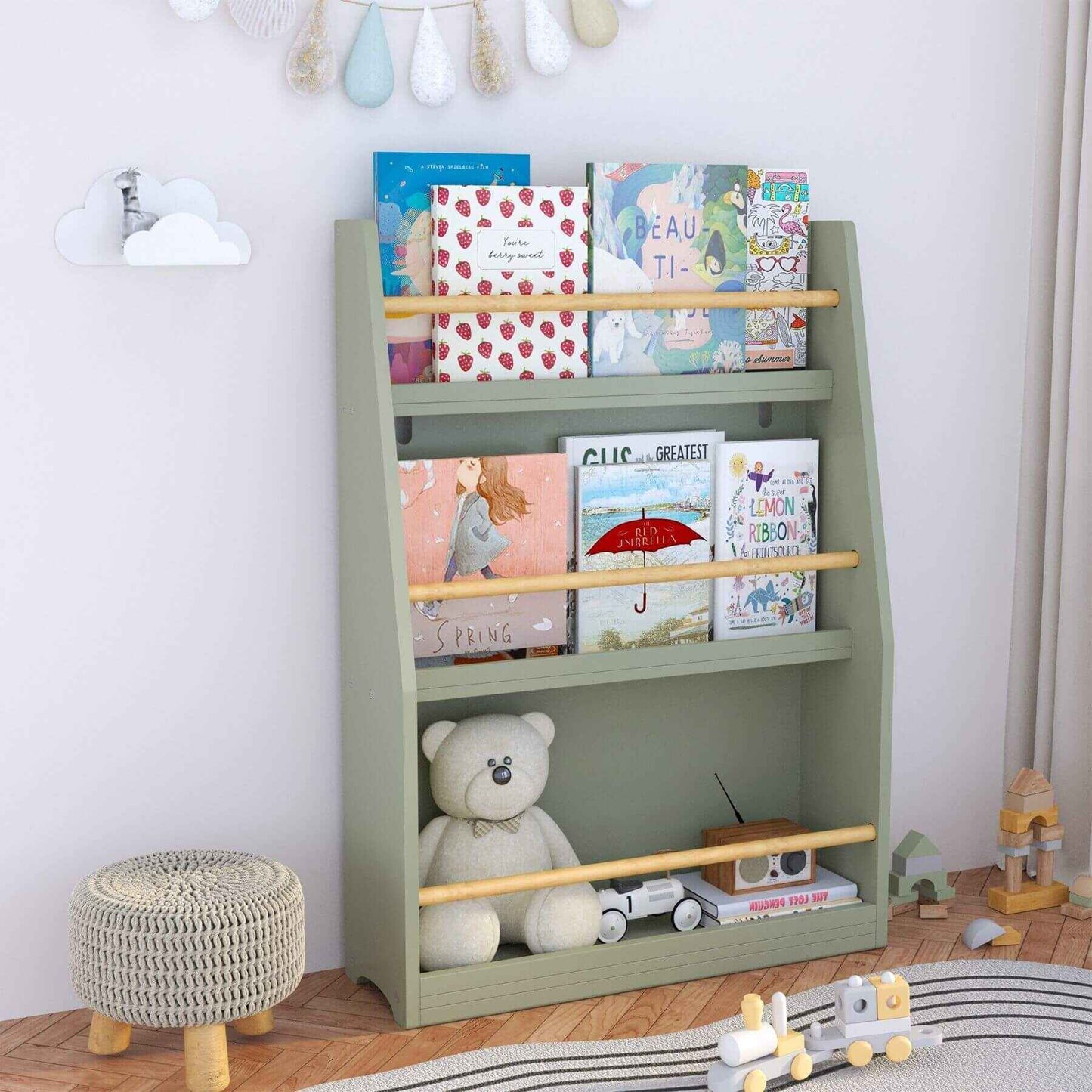 MOONRIVER 3 Tier Kids Book Shelf - Sage with books and a teddy bear in a room setting