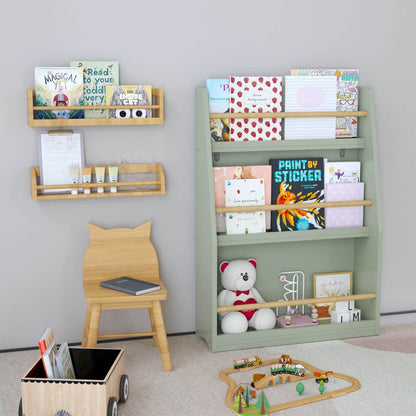 Children's room with shelves, books, and toys on a light gray background