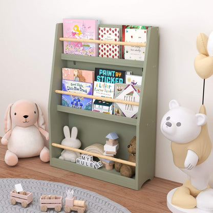 MOONRIVER 3 Tier Kids Book Shelf - Sage with books and toys in a room setting