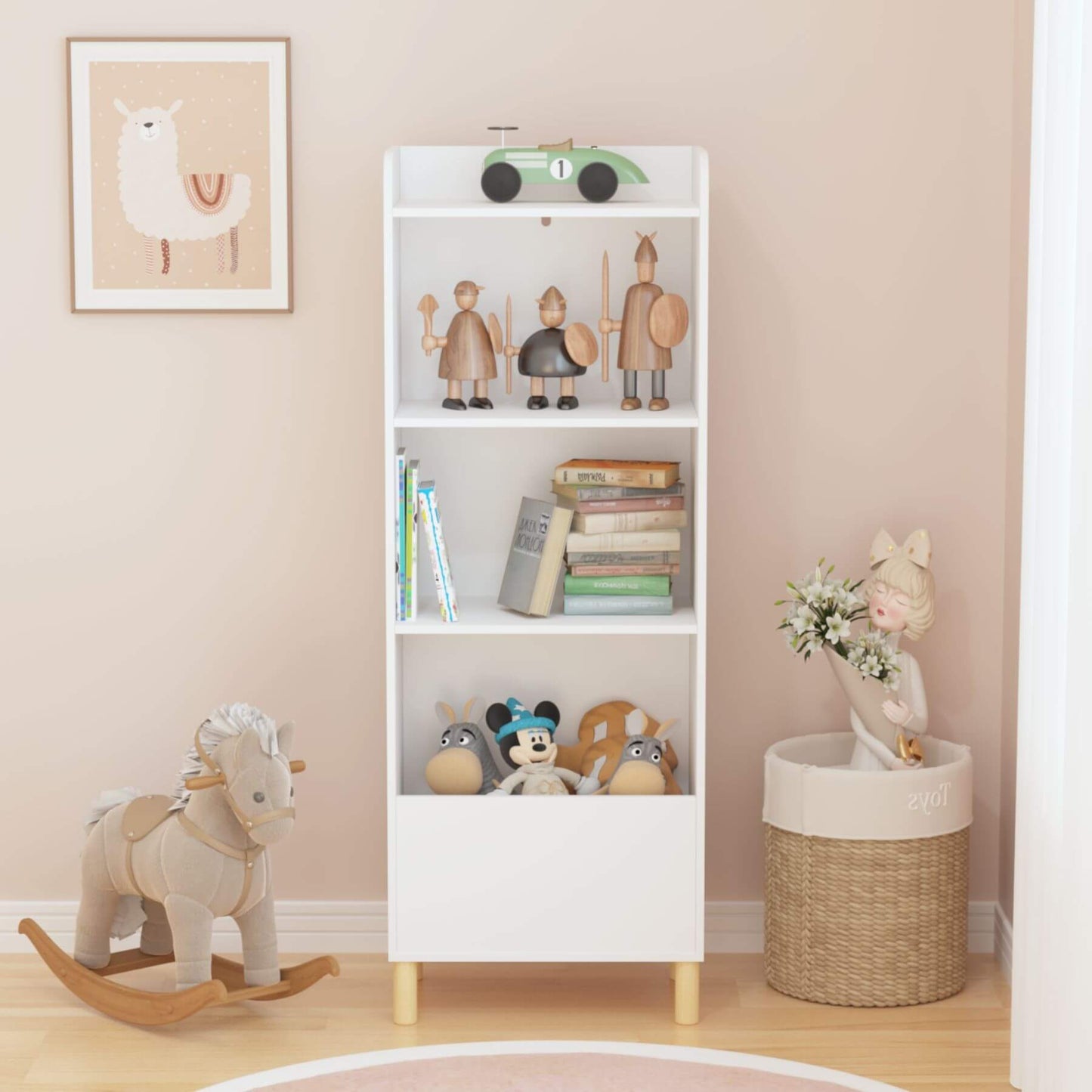 MOONRIVER Kids 4-Tier Bookcase - White with toys and books in a room with a rocking horse and framed picture on the wall.