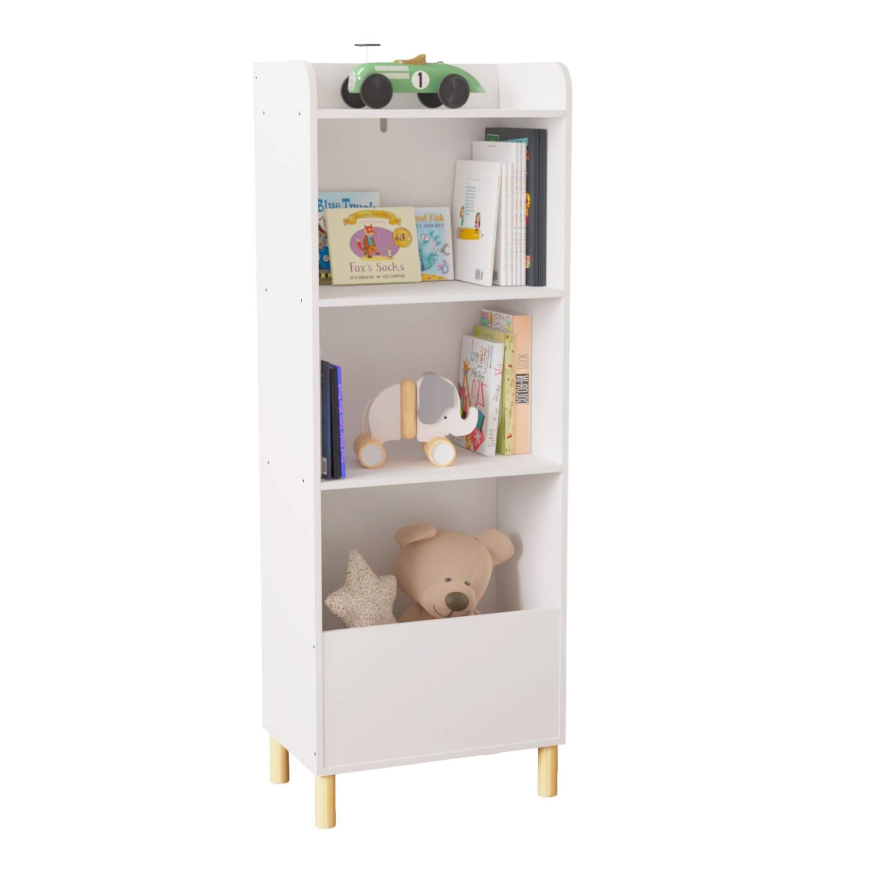 MOONRIVER Kids 4-Tier Bookcase - White with toys and books on a white background