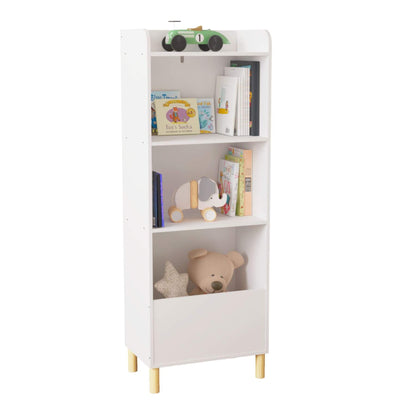 MOONRIVER Kids 4-Tier Bookcase - White with toys and books on a white background