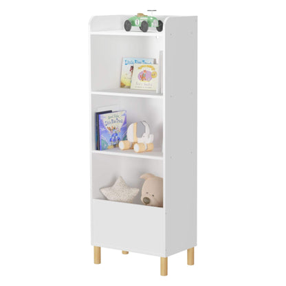 MOONRIVER Kids 4-Tier Bookcase - White with toys and books on a white background