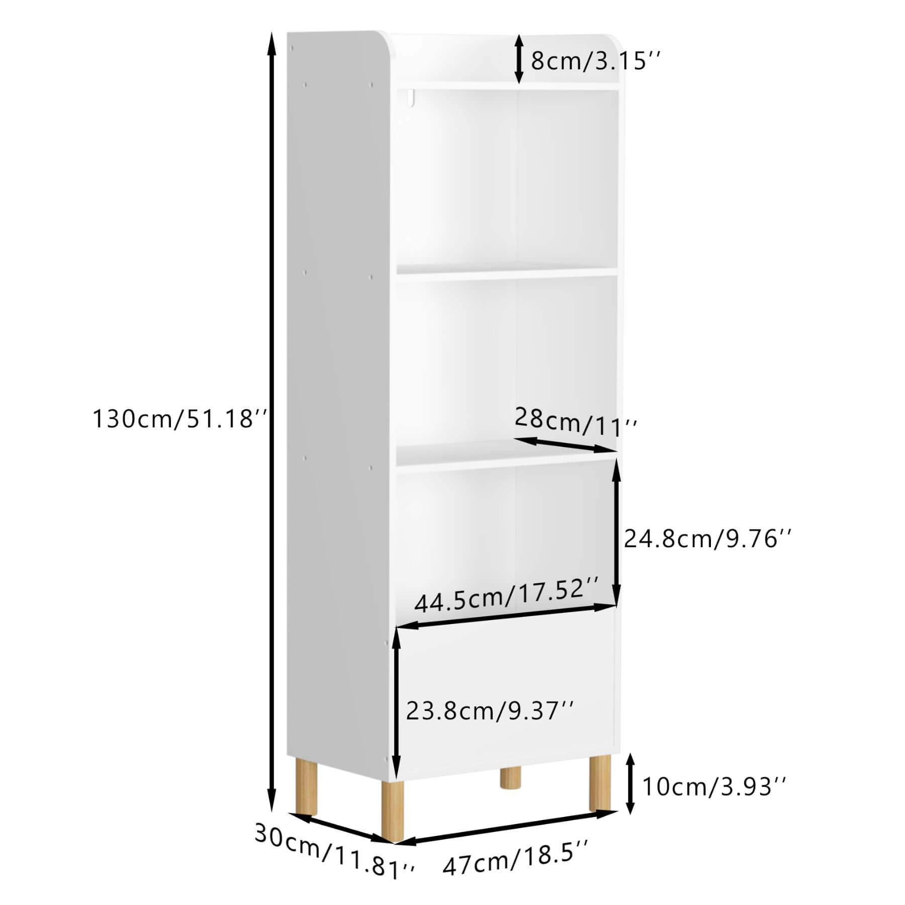 MOONRIVER Kids 4-Tier Bookcase - White with dimensions labeled on a white background