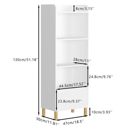 MOONRIVER Kids 4-Tier Bookcase - White with dimensions labeled on a white background