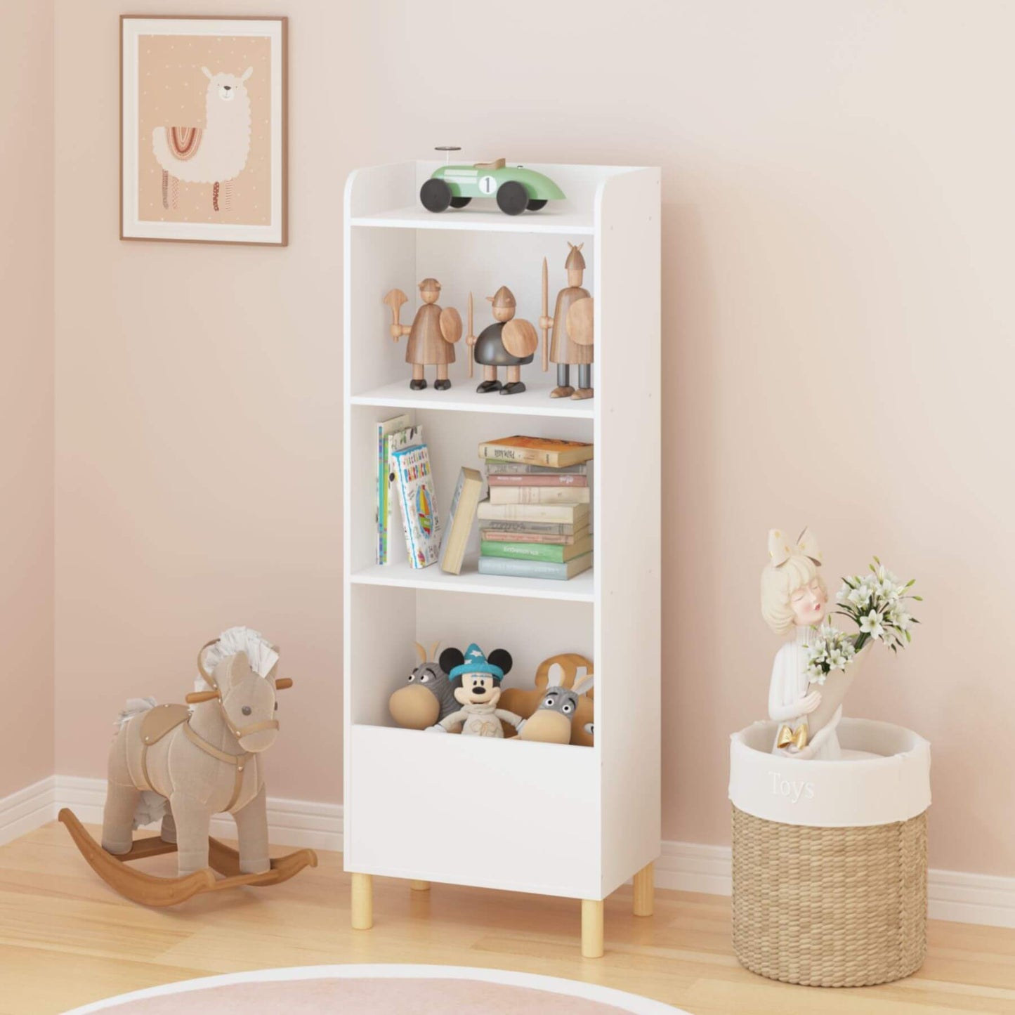 MOONRIVER Kids 4-Tier Bookcase - White in a room with toys and books on shelves, a rocking horse, and a basket.