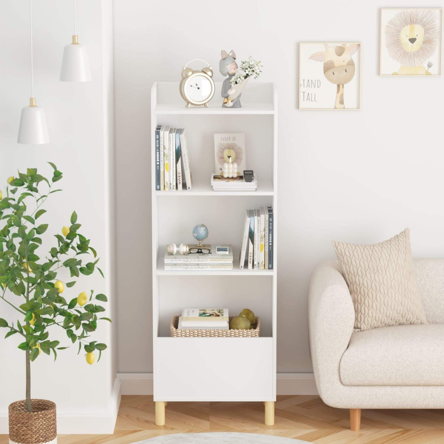 MOONRIVER Kids 4-Tier Bookcase - White in a living room with decor items and a plant.