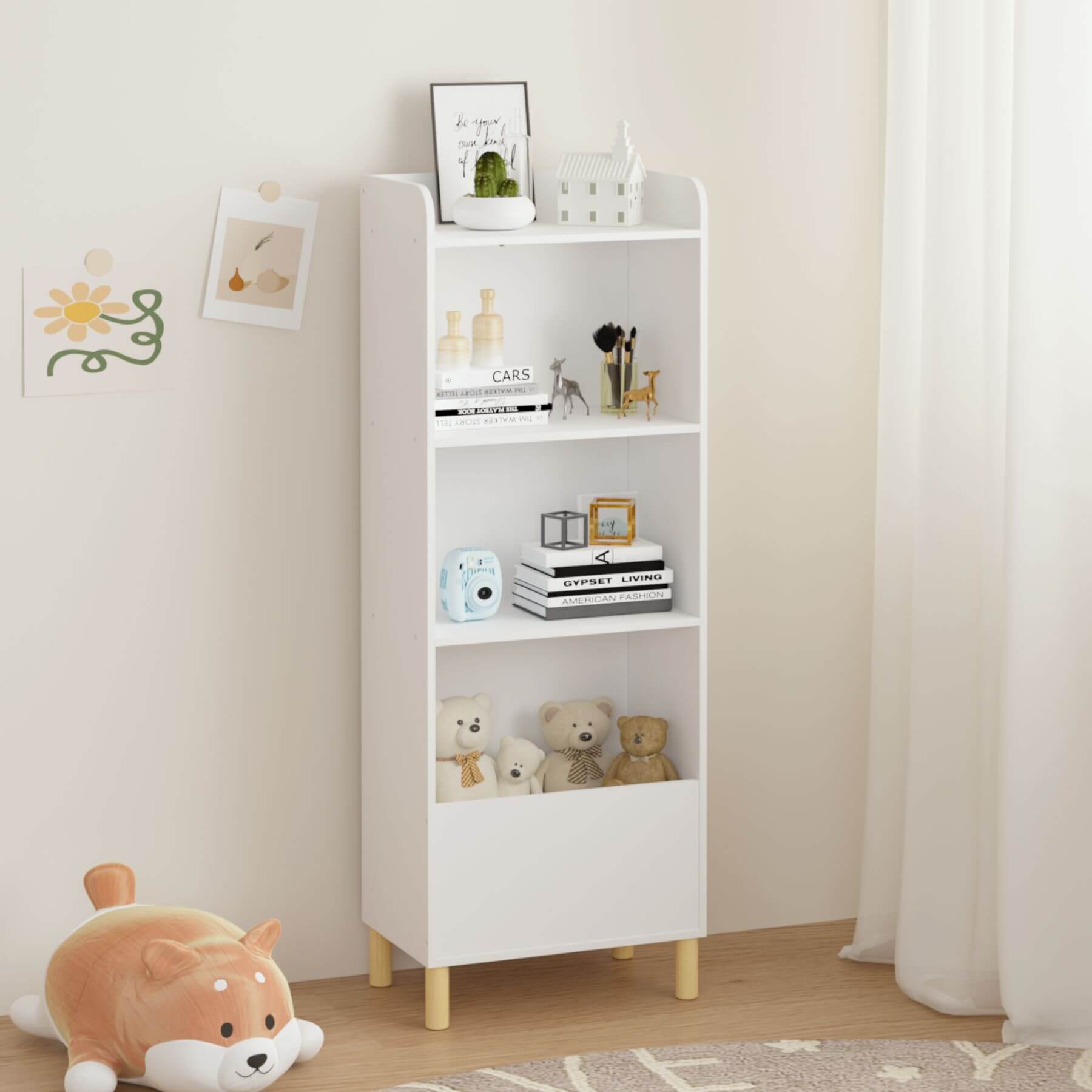 MOONRIVER Kids 4-Tier Bookcase - White with decorative items in a room with a plush toy and framed pictures.