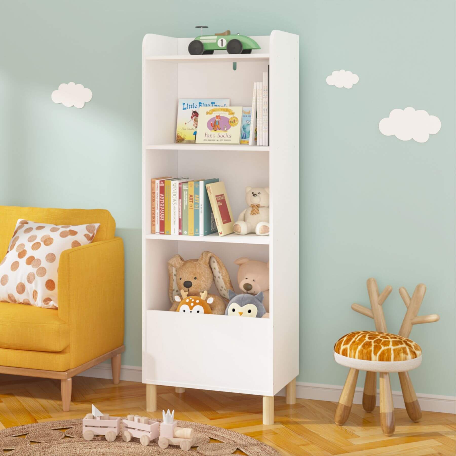 MOONRIVER Kids 4-Tier Bookcase - White with books and toys in a child's room with a yellow chair and wooden stool.