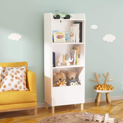 MOONRIVER Kids 4-Tier Bookcase - White with toys and books in a room with a yellow chair and light blue wall.