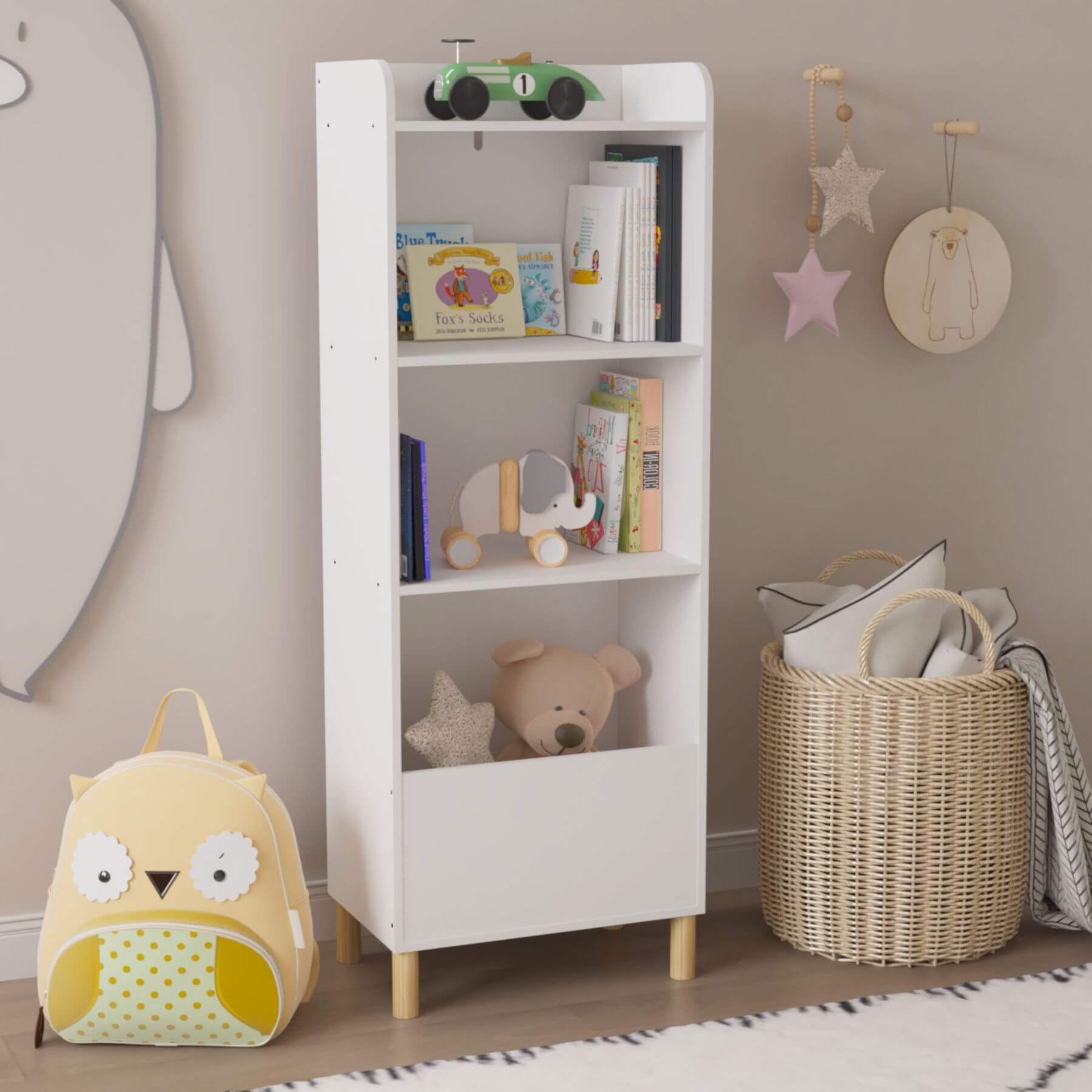 MOONRIVER Kids 4-Tier Bookcase - White with toys in a room setting
