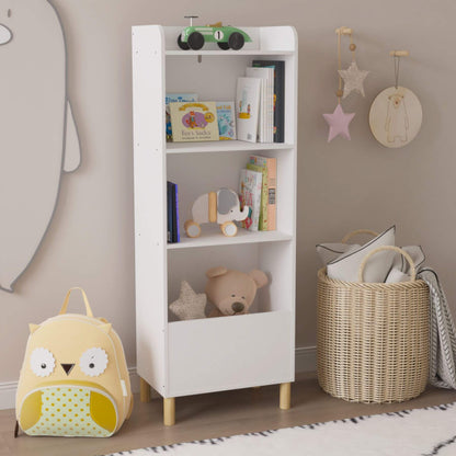MOONRIVER Kids 4-Tier Bookcase - White with toys in a room setting