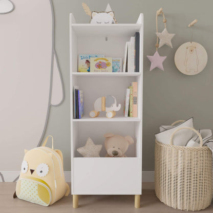 MOONRIVER Kids 4-Tier Bookcase - White with toys and books in a child's room