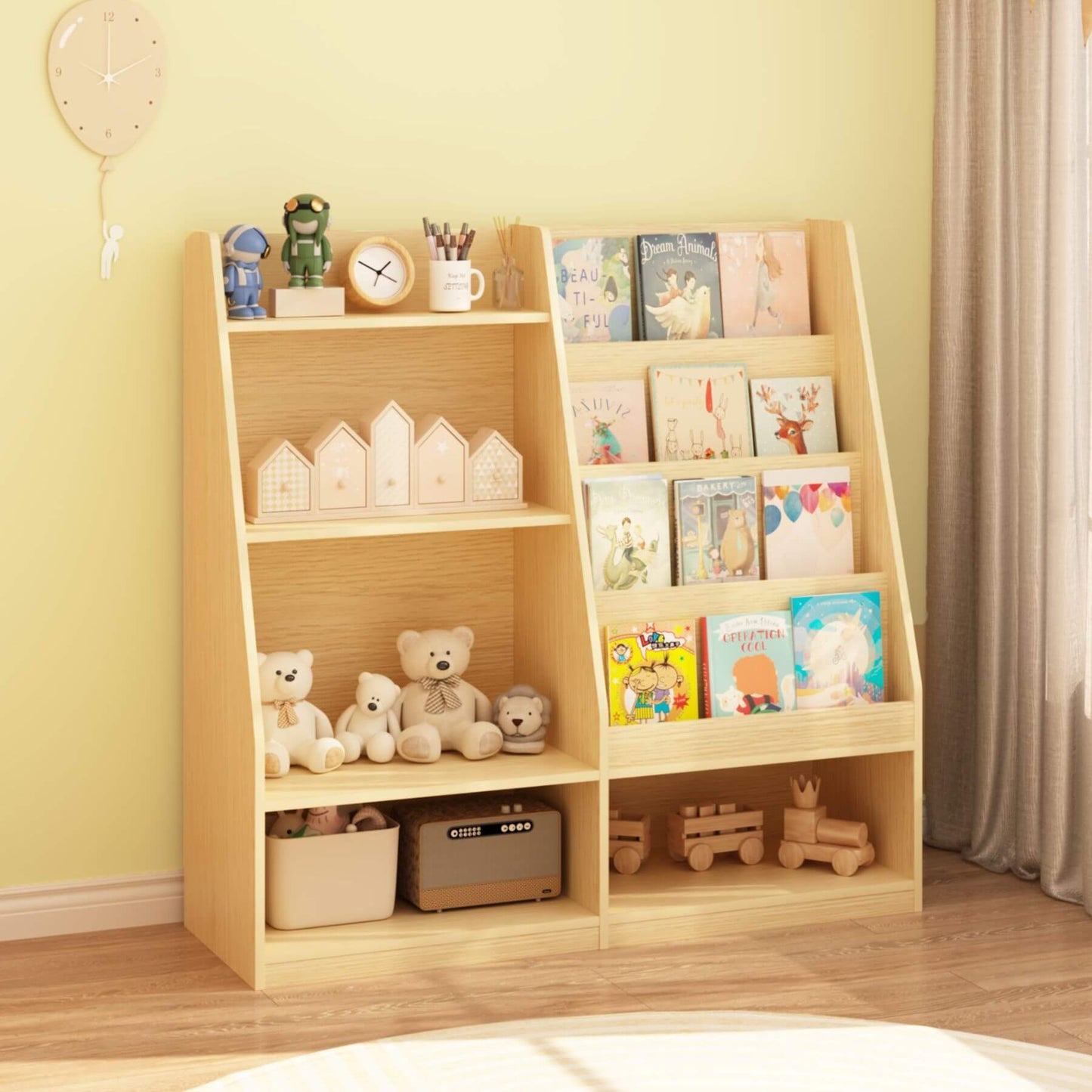 MOONRIVER Kids Multifunctional 4 Tier Wooden Kids Book Shelf - Natural with toys and books against a yellow wall.