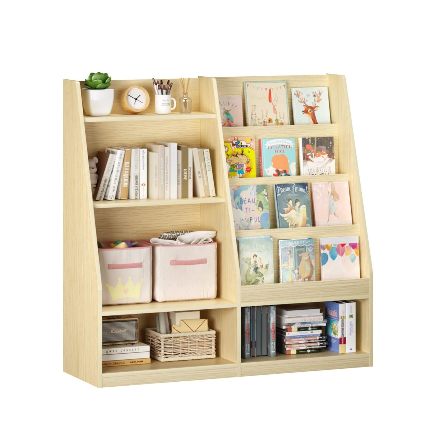 MOONRIVER Kids Multifunctional 4 Tier Wooden Kids Book Shelf - Natural with books and decorative items on a white background