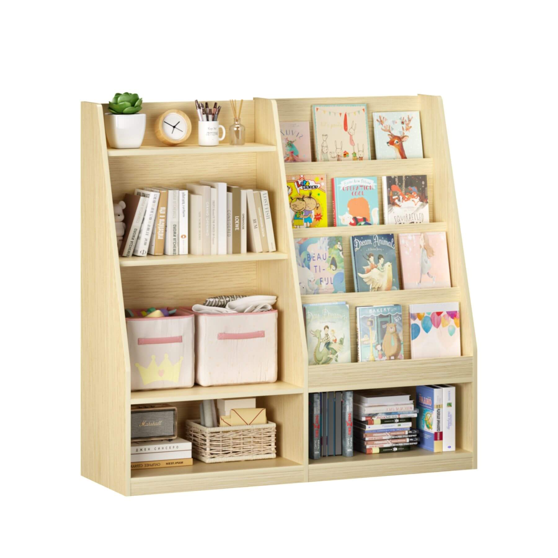MOONRIVER Kids Multifunctional 4 Tier Wooden Kids Book Shelf - Natural with books and decorative items on a white background