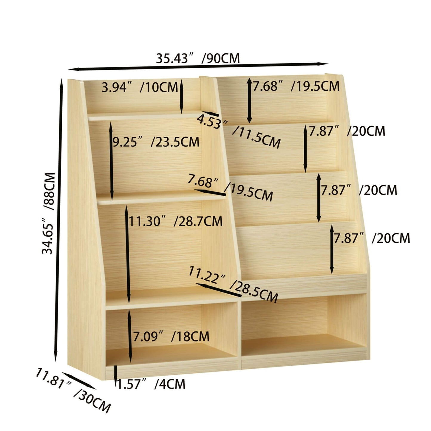 MOONRIVER Kids Multifunctional 4 Tier Wooden Kids Book Shelf - Natural with dimensions labeled on a white background