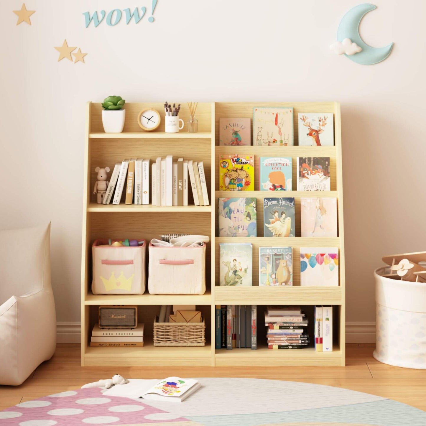 MOONRIVER Kids Multifunctional 4 Tier Wooden Kids Book Shelf - Natural with books and decorative items in a child-friendly room.