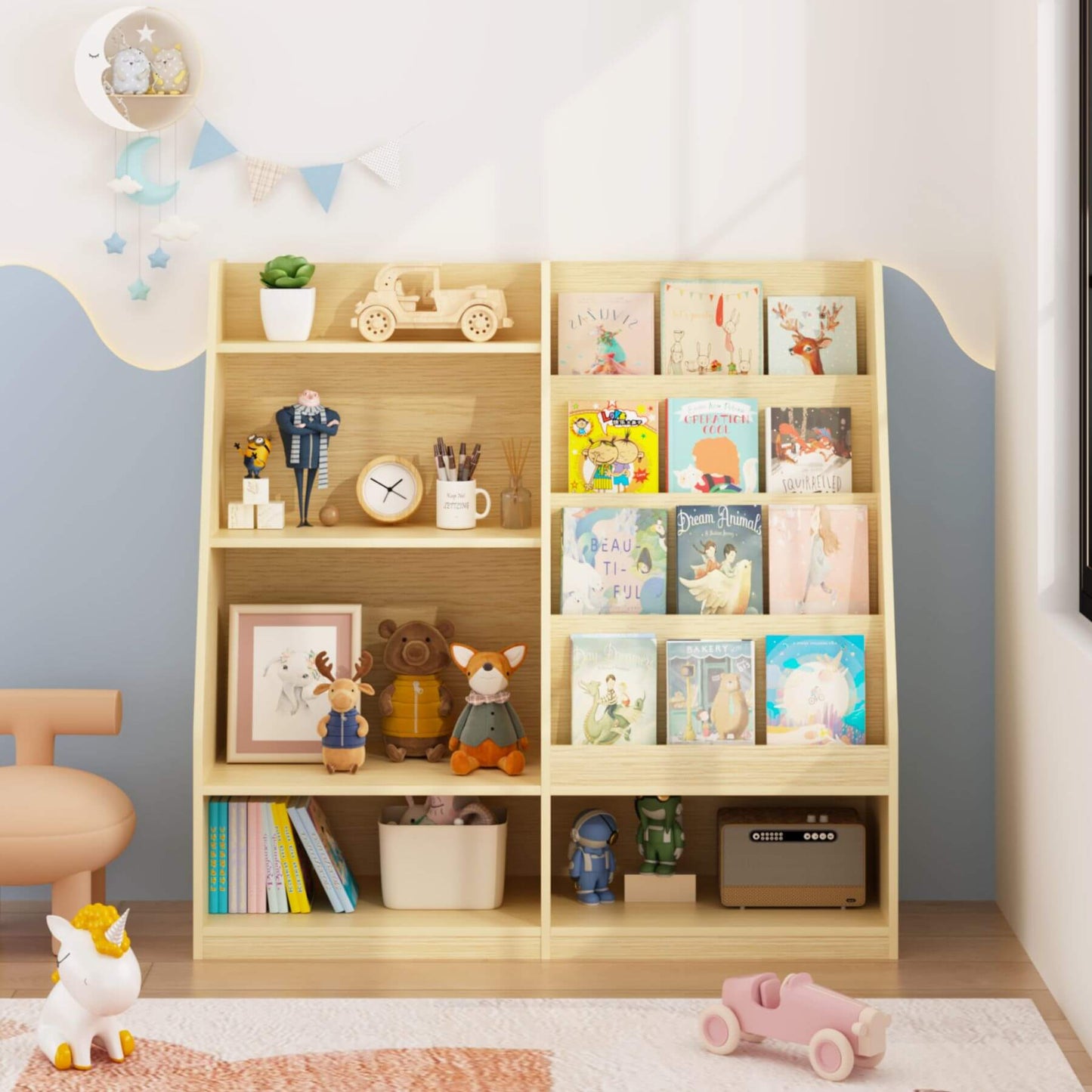 MOONRIVER Kids Multifunctional 4 Tier Wooden Kids Book Shelf - Natural with toys and books in a child's room