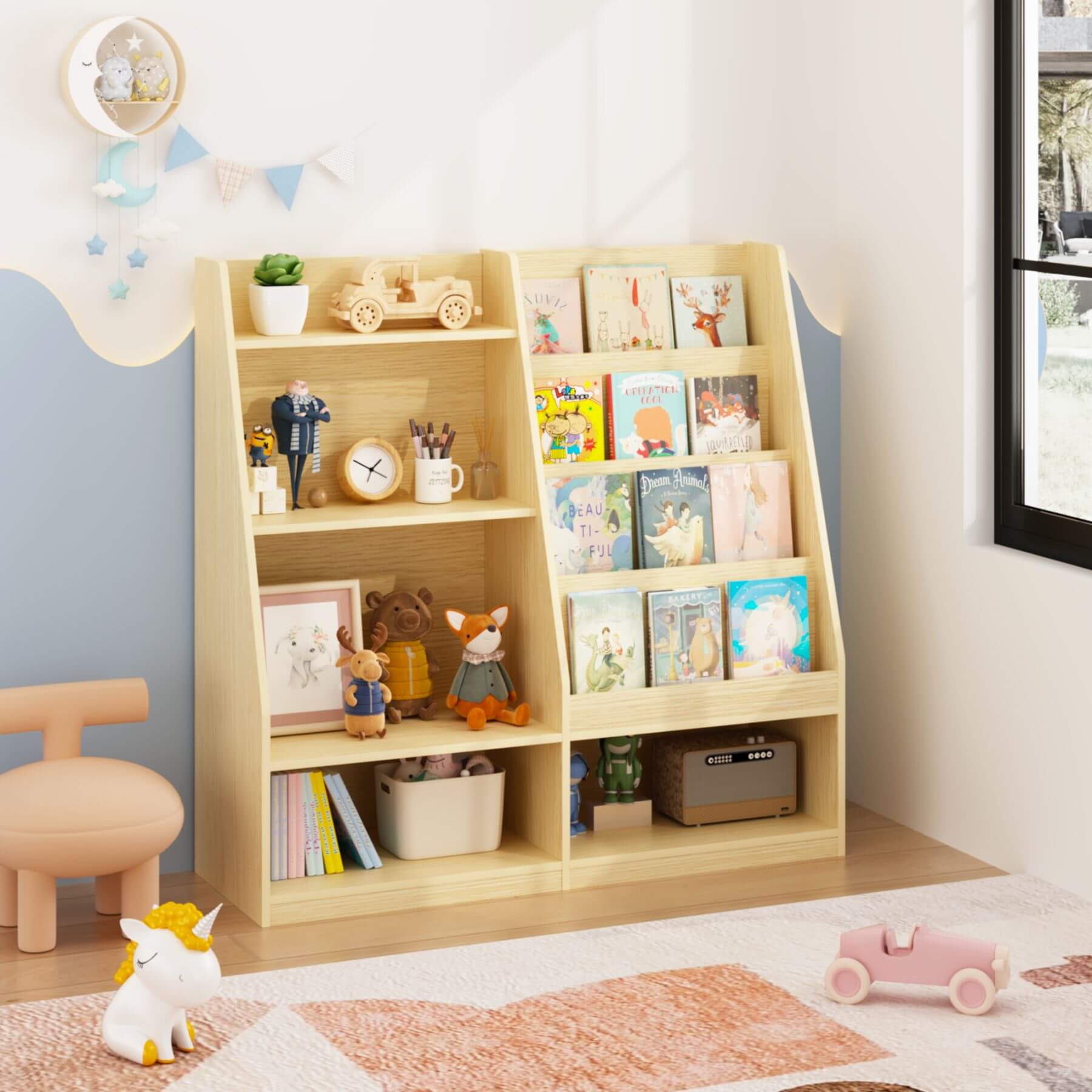 MOONRIVER Kids Multifunctional 4 Tier Wooden Kids Book Shelf - Natural in a child's room with books and toys