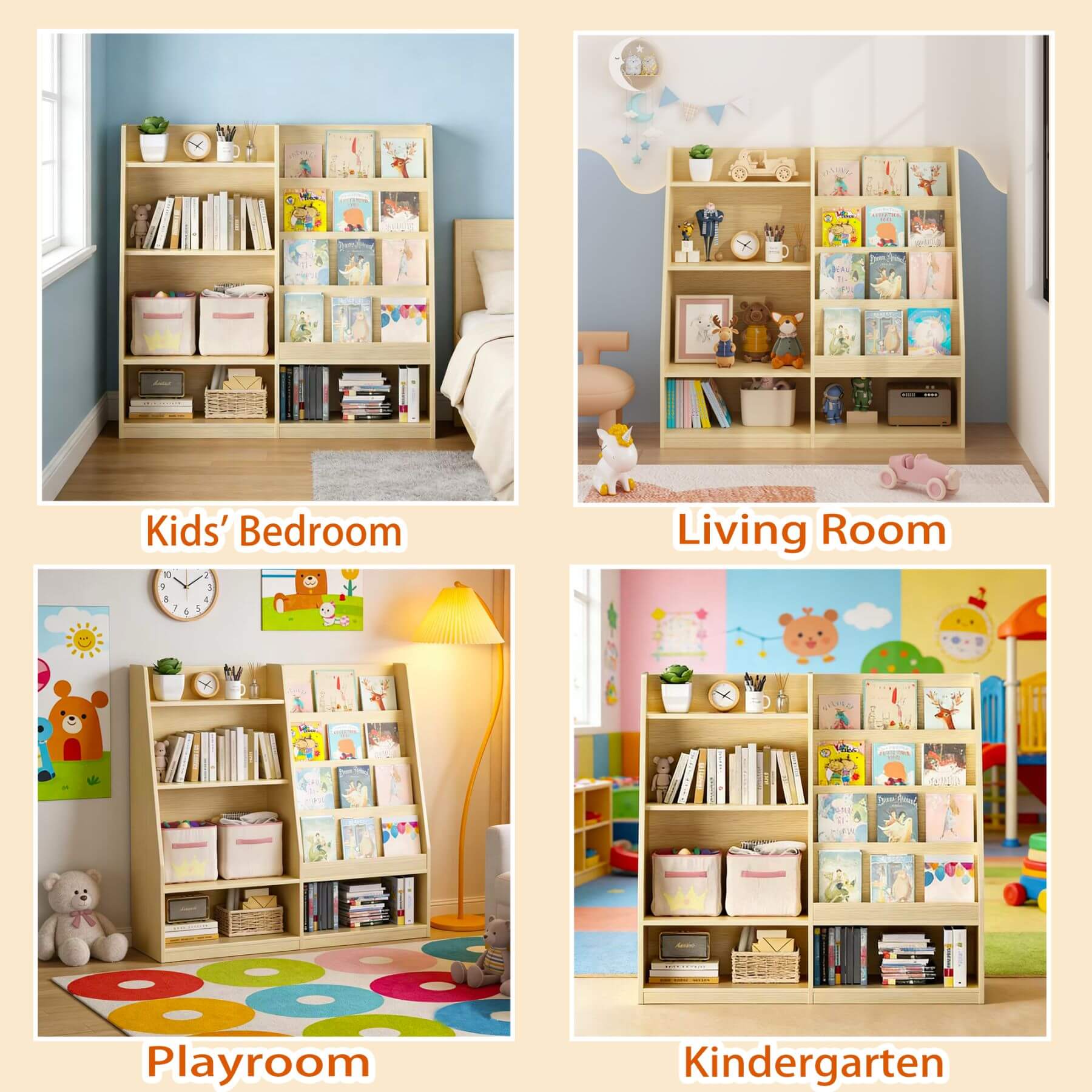 Collage of a wooden bookshelf in various rooms including a bedroom, living room, playroom, and kindergarten.