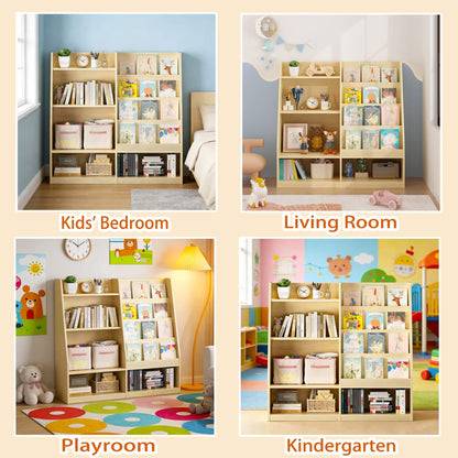 Collage of a wooden bookshelf in various rooms including a bedroom, living room, playroom, and kindergarten.