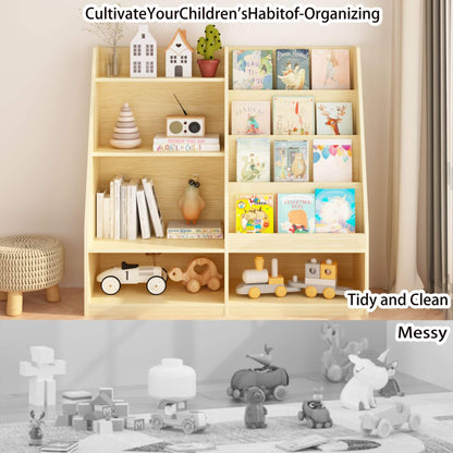 Comparison of a tidy and clean shelf with books and toys versus a messy shelf with scattered items.