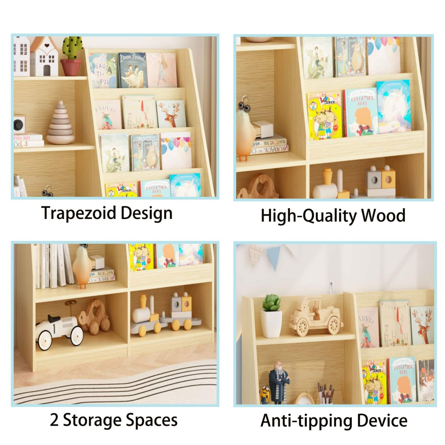 Children's bookshelf with trapezoid design, high-quality wood, two storage spaces, and anti-tipping device.