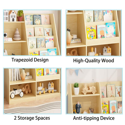 Children's bookshelf with trapezoid design, high-quality wood, two storage spaces, and anti-tipping device.