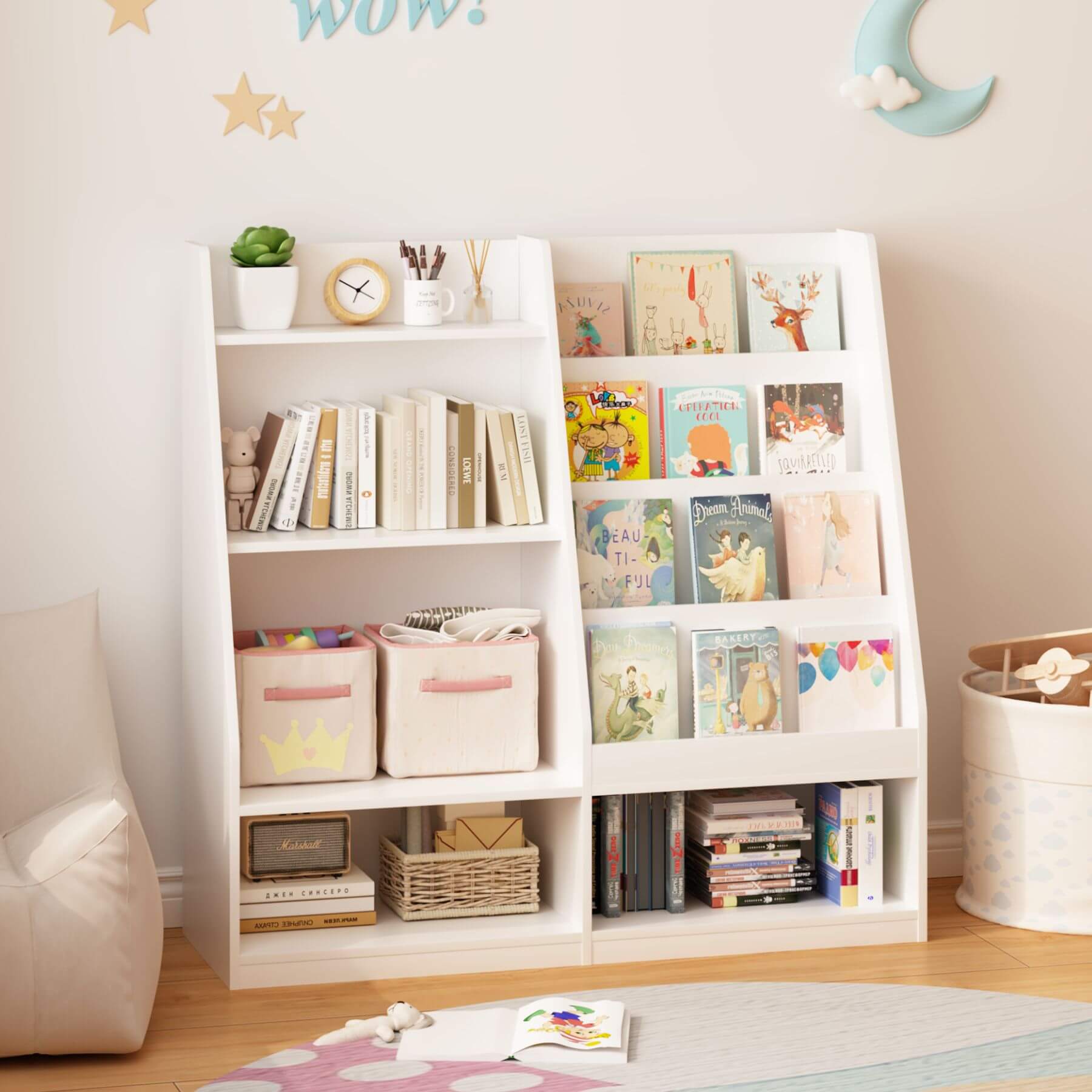 MOONRIVER Kids Multifunctional 4 Tier Wooden Kids Book Shelf - White with books and decorative items in a child's room