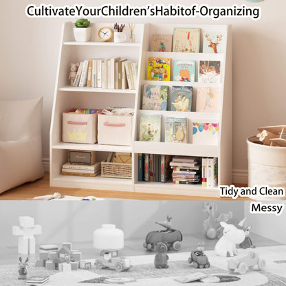 White bookshelf with organized books and toys, contrasting with a messy play area.