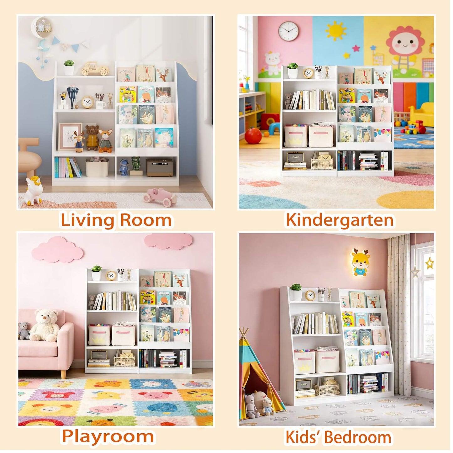 Collage of a white bookshelf in different rooms including living room, kindergarten, playroom, and kids' bedroom.