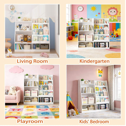 Collage of a white bookshelf in different rooms including living room, kindergarten, playroom, and kids' bedroom.
