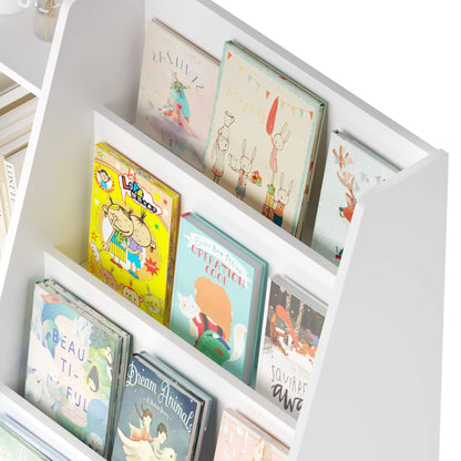 Children's books on a white bookshelf with a white background