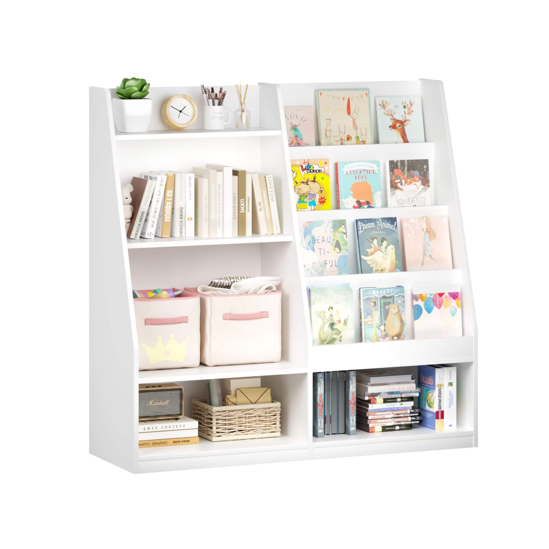 MOONRIVER Kids Multifunctional 4 Tier Wooden Kids Book Shelf - White with books and decorative items on a white background