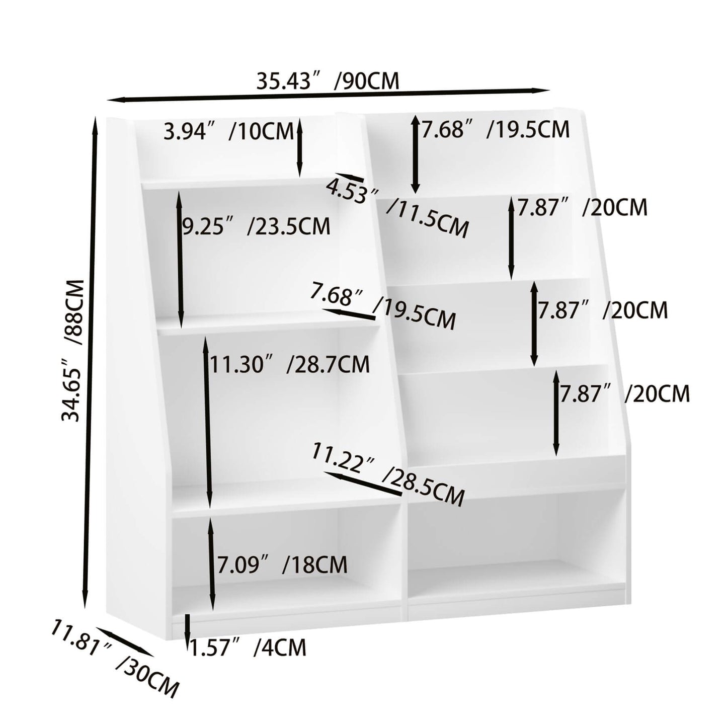 MOONRIVER Kids Multifunctional 4 Tier Wooden Kids Book Shelf - White with dimensions labeled on a white background