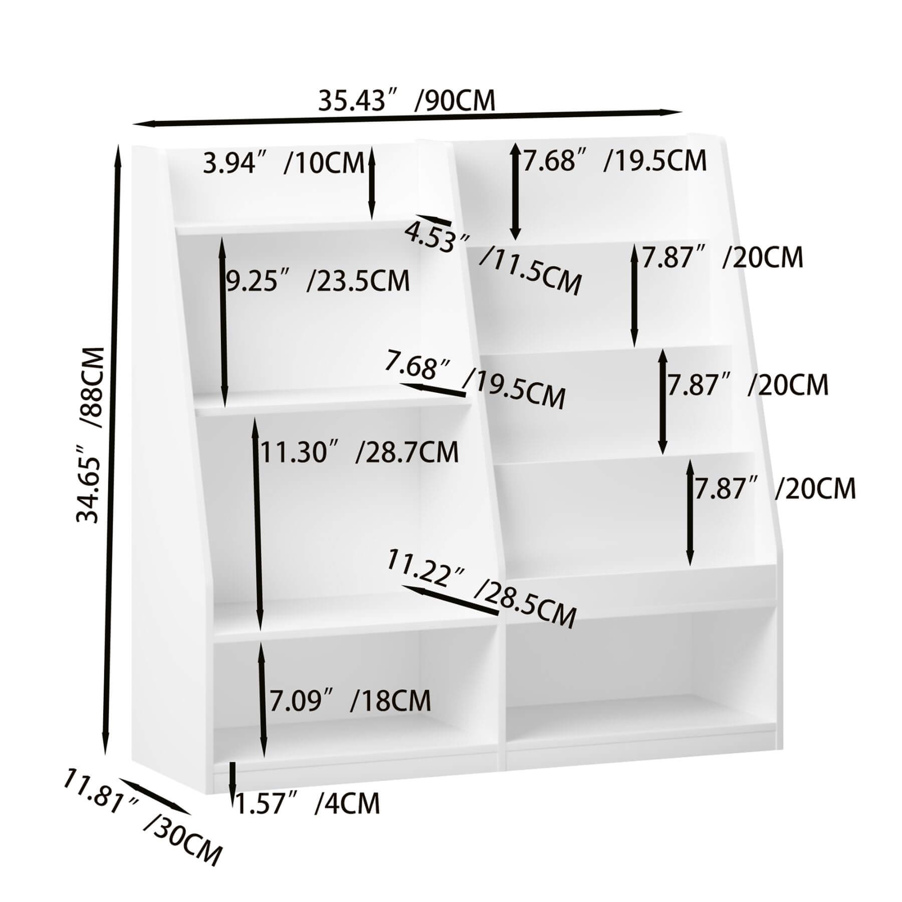 MOONRIVER Kids Multifunctional 4 Tier Wooden Kids Book Shelf - White with dimensions labeled on a white background