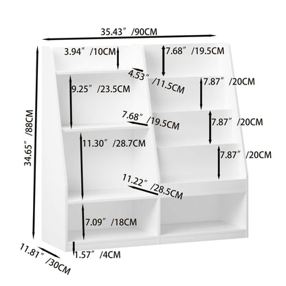 MOONRIVER Kids Multifunctional 4 Tier Wooden Kids Book Shelf - White with dimensions labeled on a white background