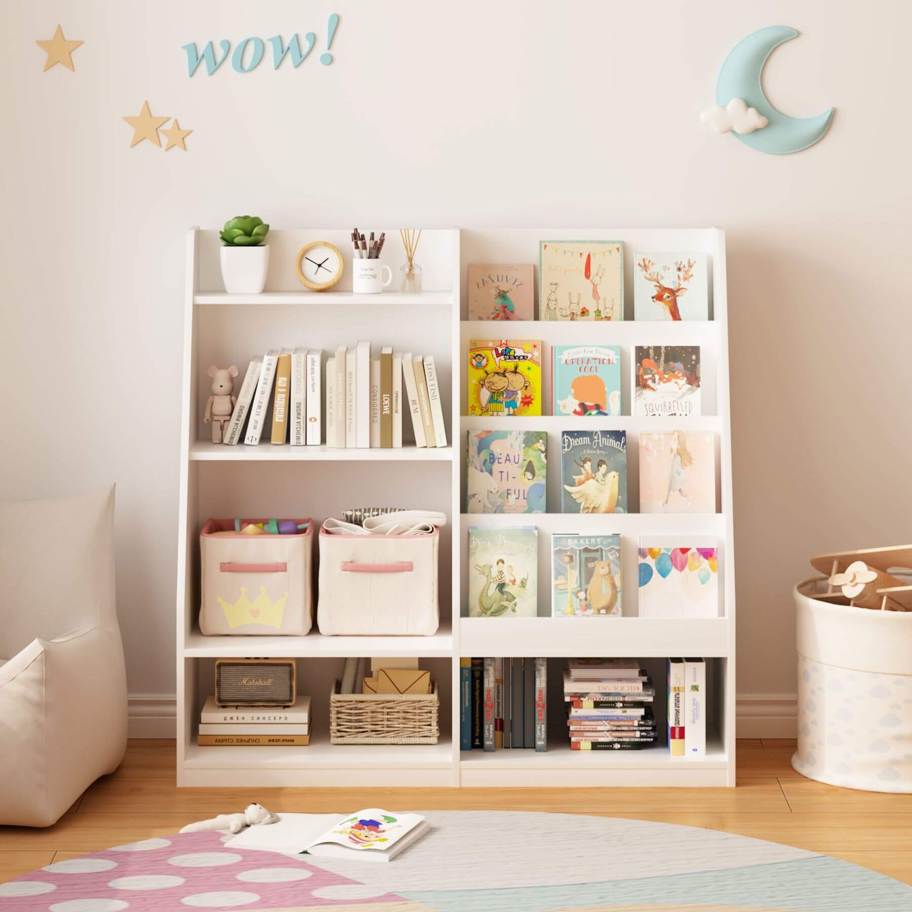 White bookshelf with books and decorative items in a child's room