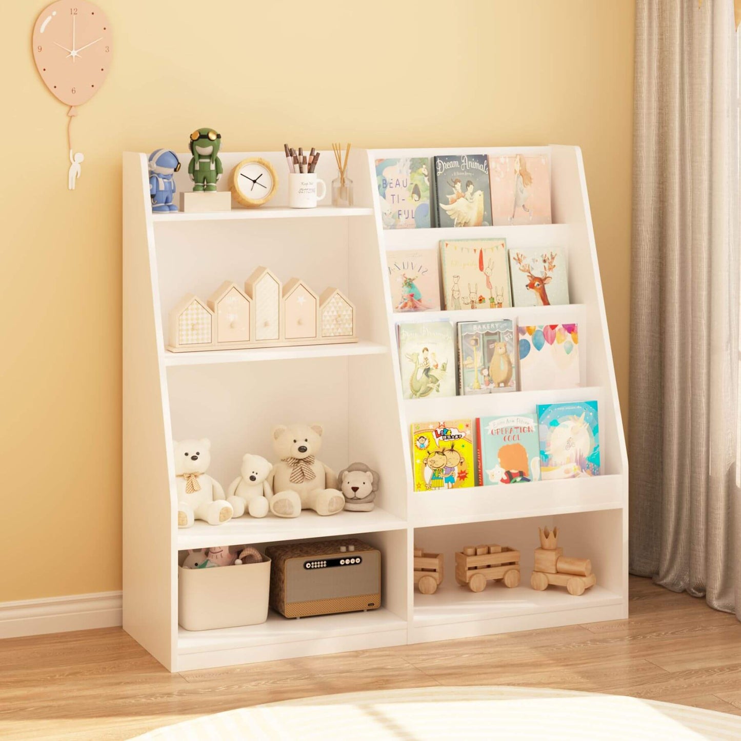 MOONRIVER Kids Multifunctional 4 Tier Wooden Kids Book Shelf - White with toys and books against a yellow wall.