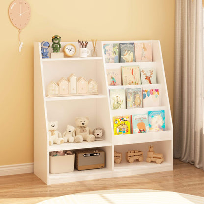 MOONRIVER Kids Multifunctional 4 Tier Wooden Kids Book Shelf - White with toys and books against a yellow wall.
