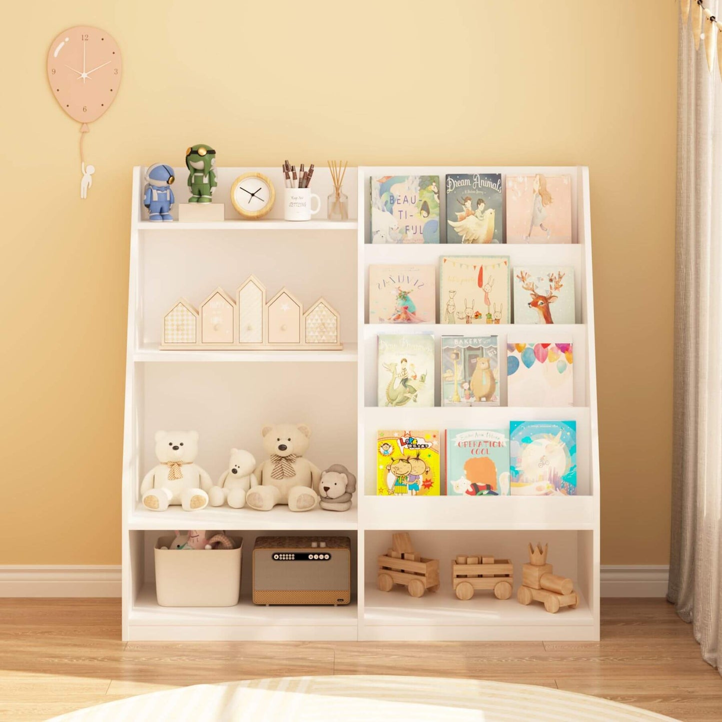 MOONRIVER Kids Multifunctional 4 Tier Wooden Kids Book Shelf - White with toys and books against a yellow wall
