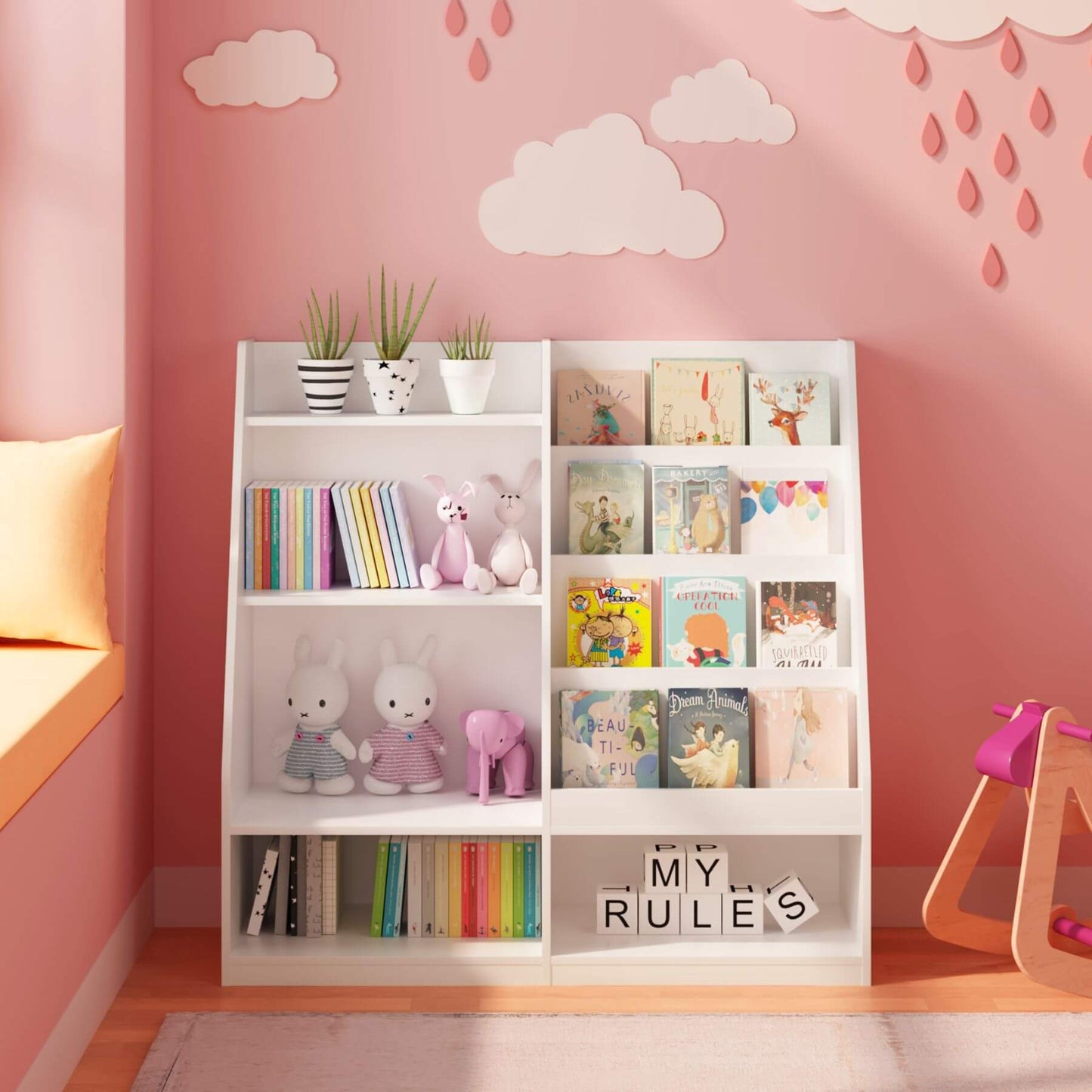 MOONRIVER Kids Multifunctional 4 Tier Wooden Kids Book Shelf - White with toys and books in a child's room with pink walls and cloud decorations.